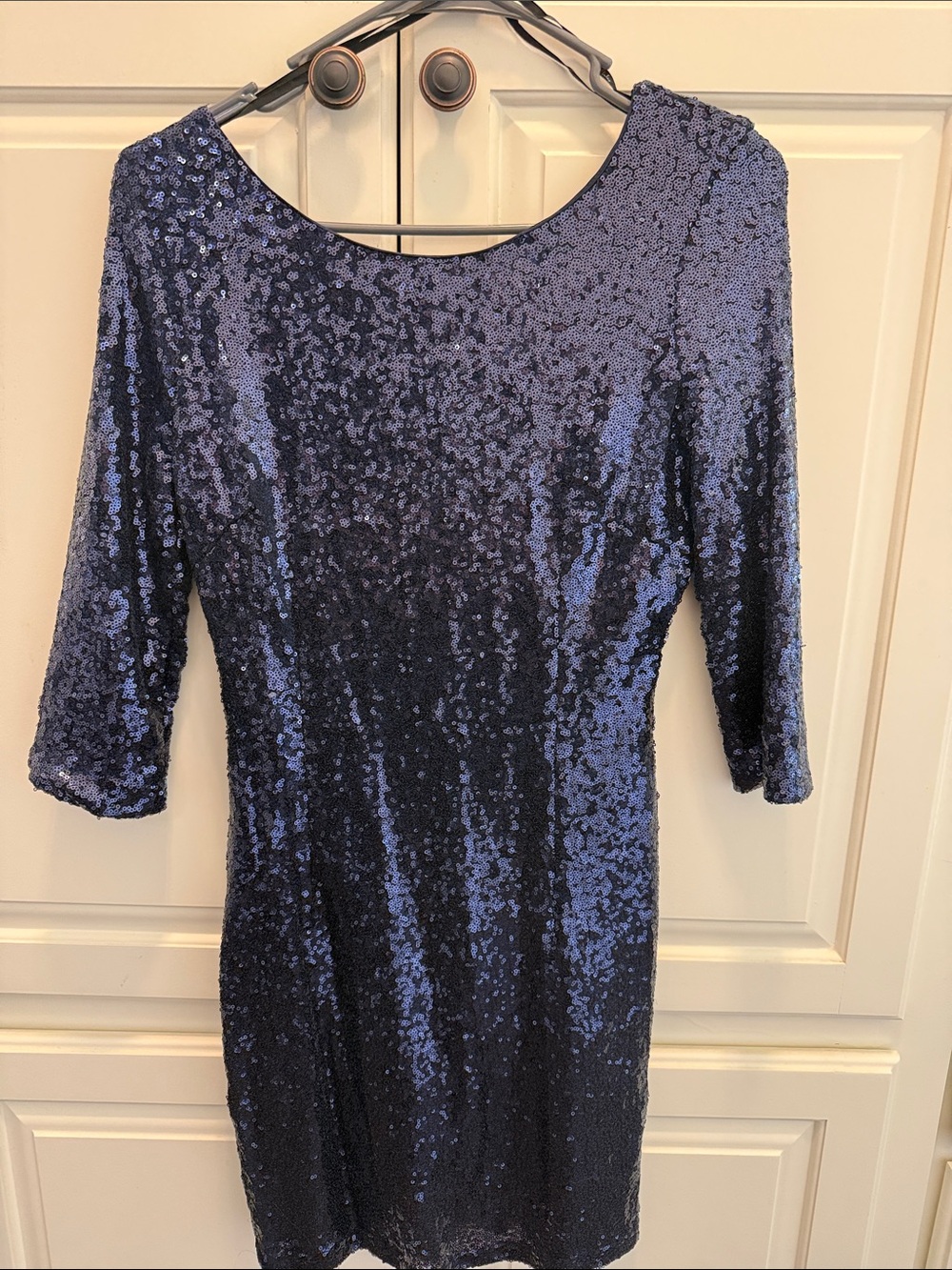 Lulu's Navy Blue Sequin Sheath Dress with Three-Quarter Sleeves